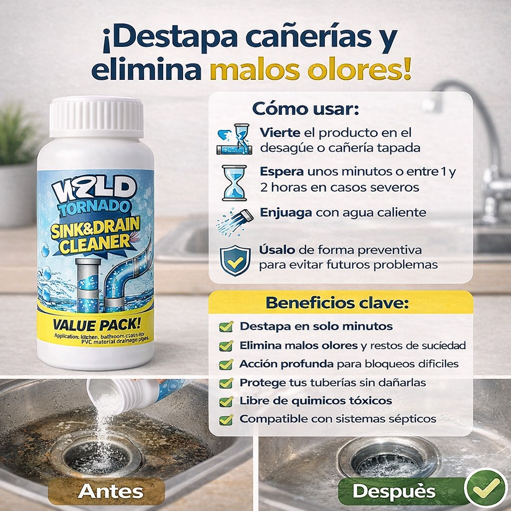 Wild Tornado® – Destapador y Limpiador de Cañerías 3x1